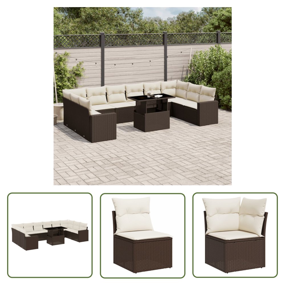 The Living Store 11-cz. zestaw mebli ogrodowych z poduszkami - brązowy - rattan PE - Sofa Ogrodowa