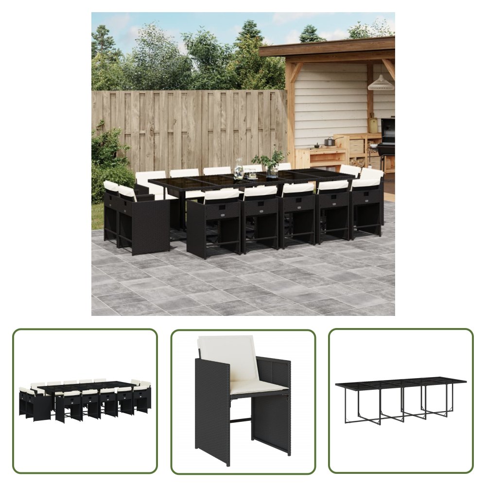 The Living Store 15-cz. zestaw mebli ogrodowych z poduszkami - czarny - rattan PE - Meble Ogrodowe