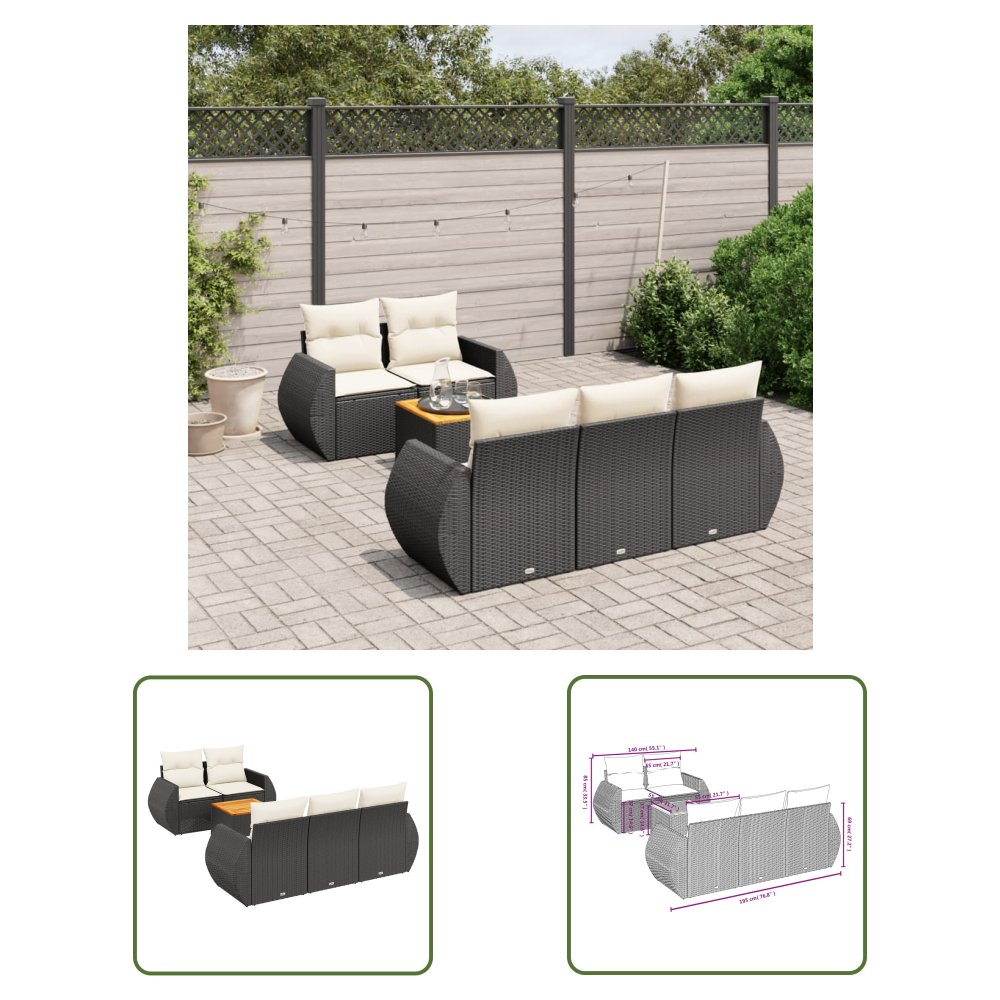 The Living Store 6-cz. zestaw mebli ogrodowych z poduszkami - czarny polirattan - Sofa Ogrodowa