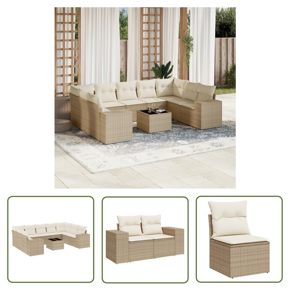 The Living Store 10-cz. zestaw mebli ogrodowych z poduszkami - beżowy - polirattan - Sofa Ogrodowa