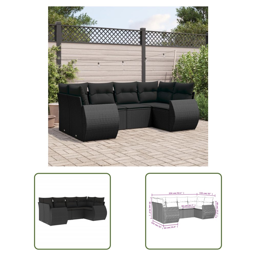 The Living Store 6-cz. zestaw mebli ogrodowych z poduszkami - czarny polirattan - Sofa Ogrodowa