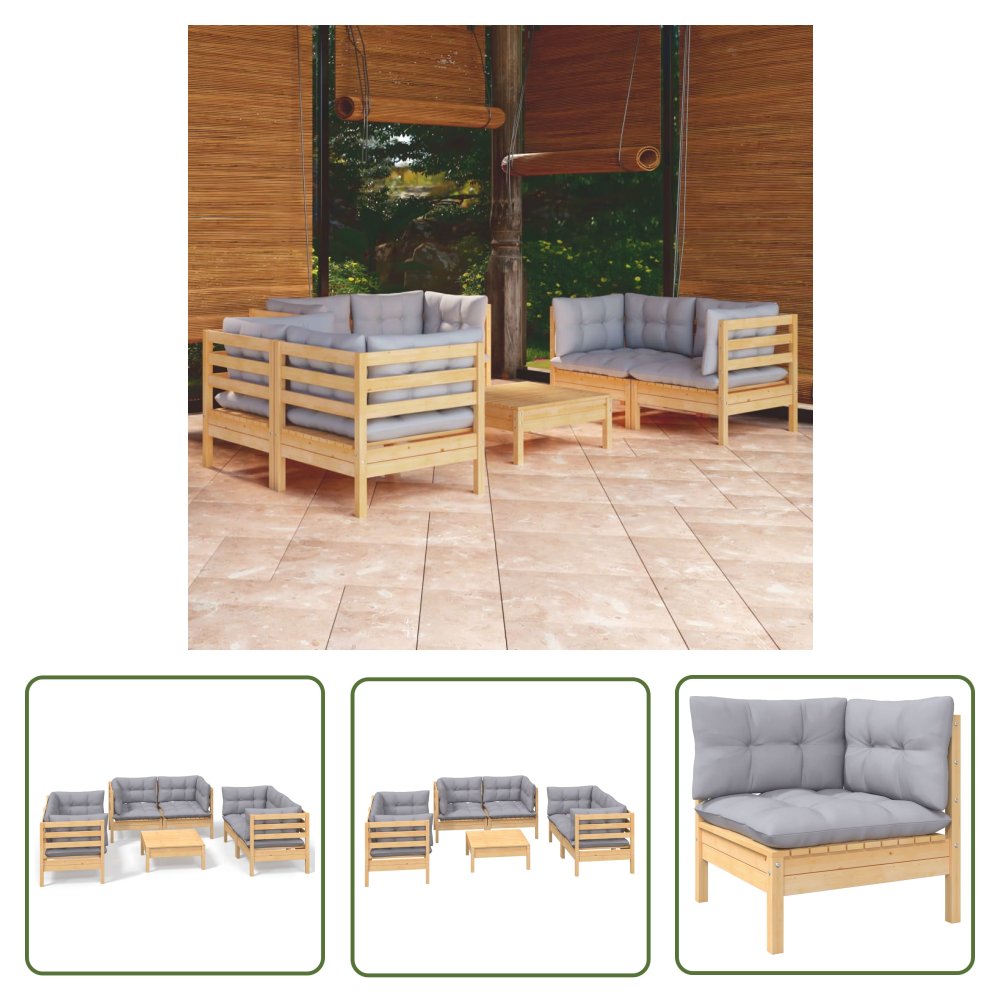 The Living Store 7-cz. zestaw wypoczynkowy do ogrodu - szare poduszki - sosnowy - Zestaw Wypoczynkowy Do Ogrodu