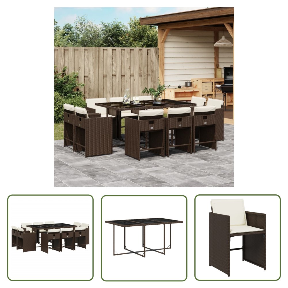 The Living Store 11-cz. zestaw mebli ogrodowych - poduszki - brązowy - rattan PE - Meble Ogrodowe