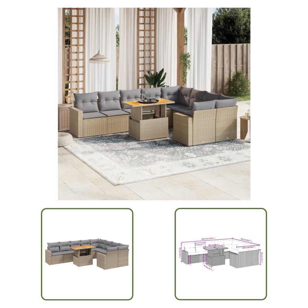 The Living Store 10-cz. zestaw mebli ogrodowych z poduszkami - beżowy - polirattan - Sofa Ogrodowa