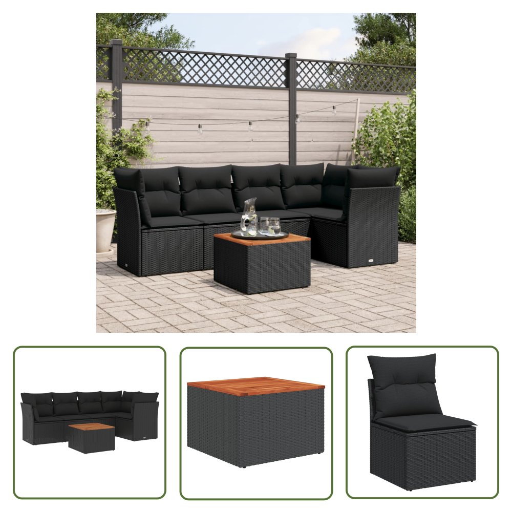 The Living Store 6-cz. zestaw mebli ogrodowych z poduszkami - czarny polirattan - Sofa Ogrodowa