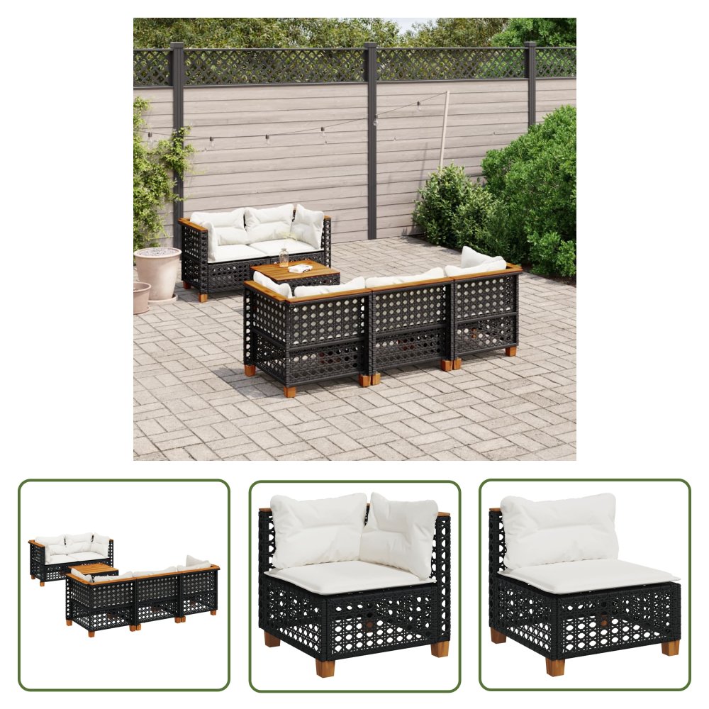 The Living Store 6-cz. zestaw mebli ogrodowych z poduszkami - czarny polirattan - Sofa Ogrodowa
