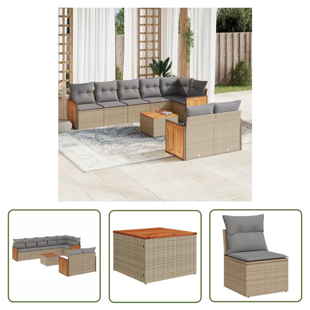 The Living Store 9-cz. zestaw mebli ogrodowych z poduszkami - beżowy - polirattan - Sofa Ogrodowa