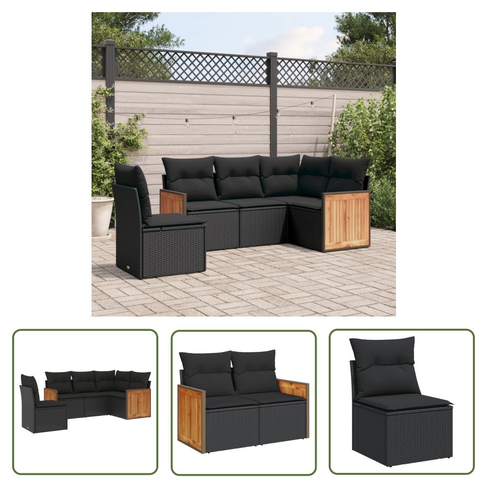 The Living Store 5-cz. zestaw wypoczynkowy do ogrodu - poduszki - czarny rattan PE - Sofa Ogrodowa