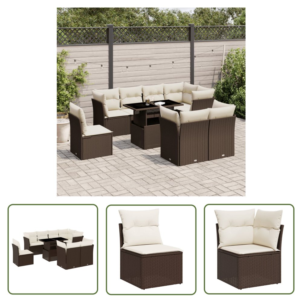 The Living Store 9-cz. zestaw mebli ogrodowych z poduszkami - brązowy - polirattan - Sofa Ogrodowa