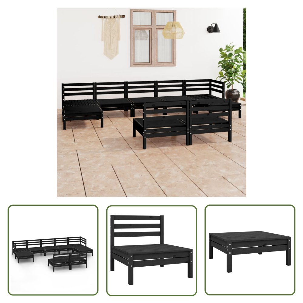 The Living Store 9-cz. zestaw wypoczynkowy do ogrodu - czarny - drewno sosnowe - Zestaw Mebli Ogrodowych