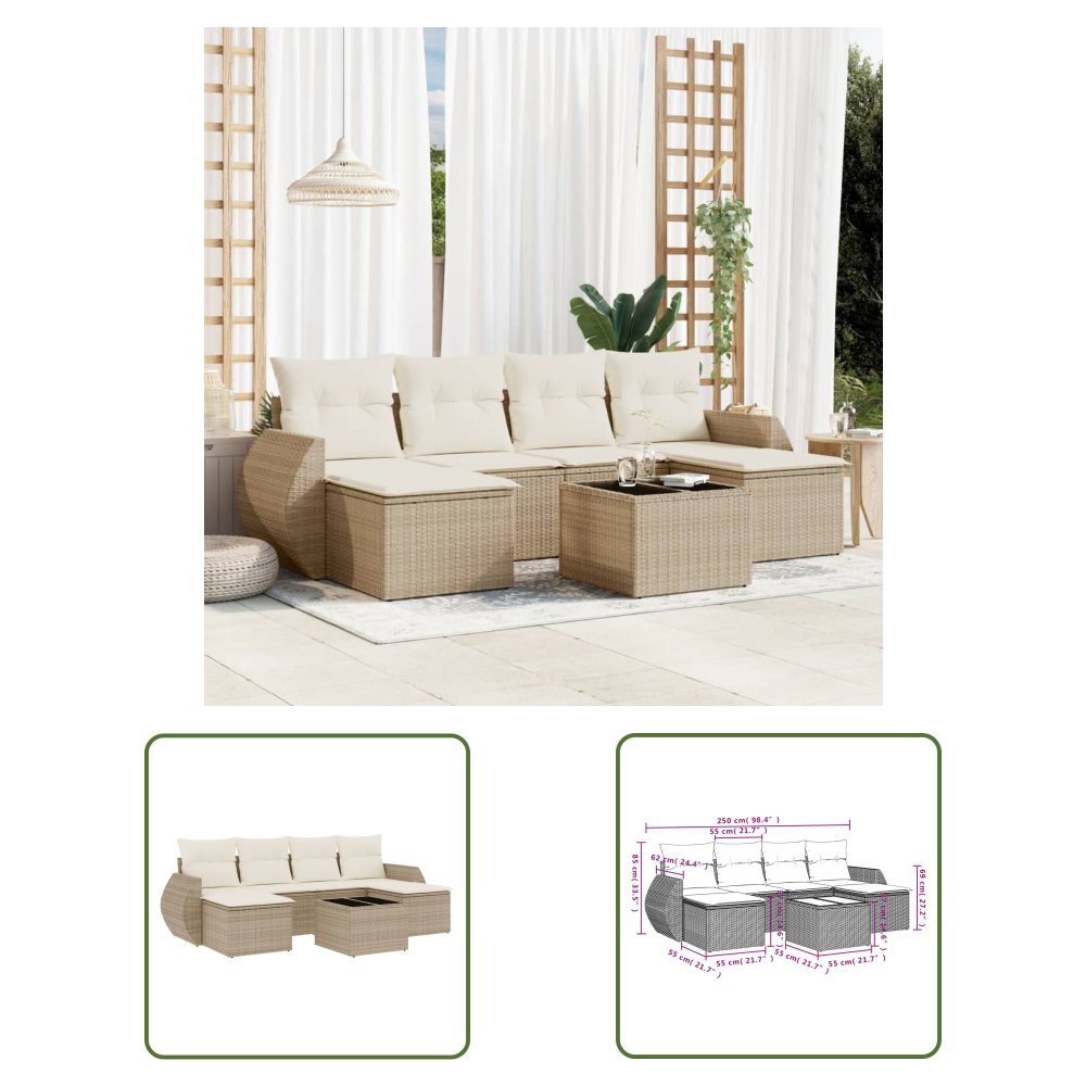 The Living Store 7-cz. zestaw wypoczynkowy do ogrodu - z poduszkami - beżowy - Sofa Ogrodowa