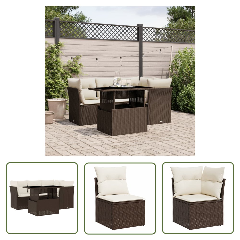 The Living Store 5-cz. zestaw mebli ogrodowych z poduszkami - brązowy - polirattan - Sofa Ogrodowa