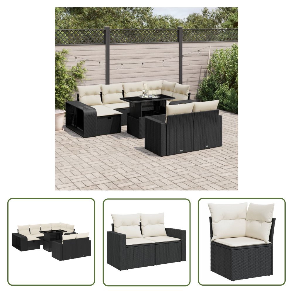 The Living Store 11-cz. zestaw wypoczynkowy do ogrodu - poduszki czarny rattan PE - Sofa Ogrodowa
