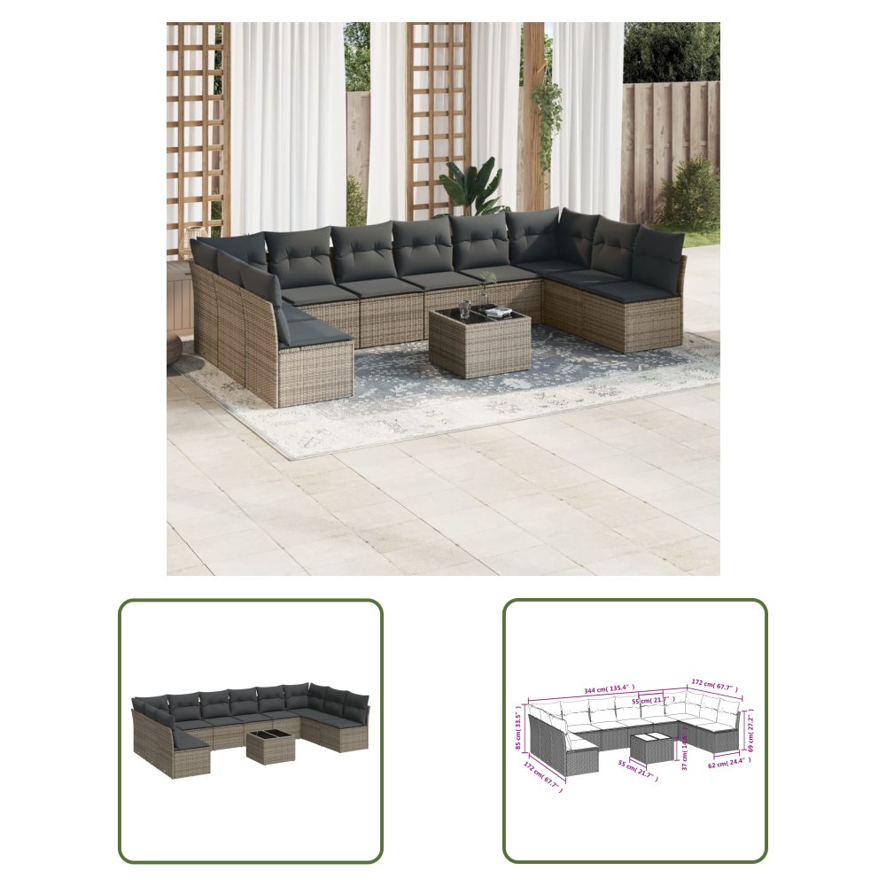 The Living Store 11-cz. zestaw mebli ogrodowych z poduszkami - szary rattan PE - Sofa Ogrodowa