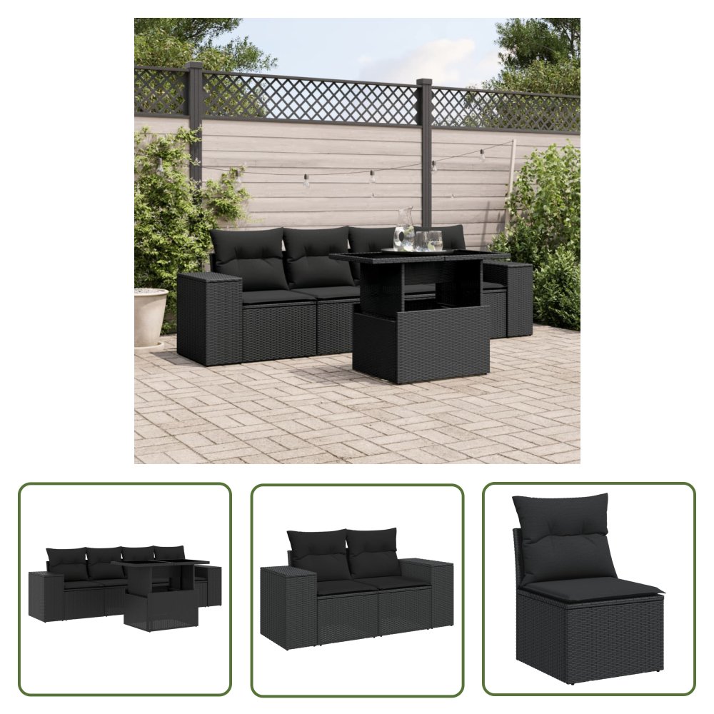 The Living Store 5-cz. zestaw wypoczynkowy do ogrodu - poduszki - czarny rattan PE - Sofa Ogrodowa