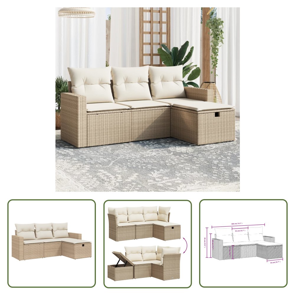 The Living Store 4-cz. zestaw mebli ogrodowych z poduszkami - beżowy - polirattan - Sofa Ogrodowa
