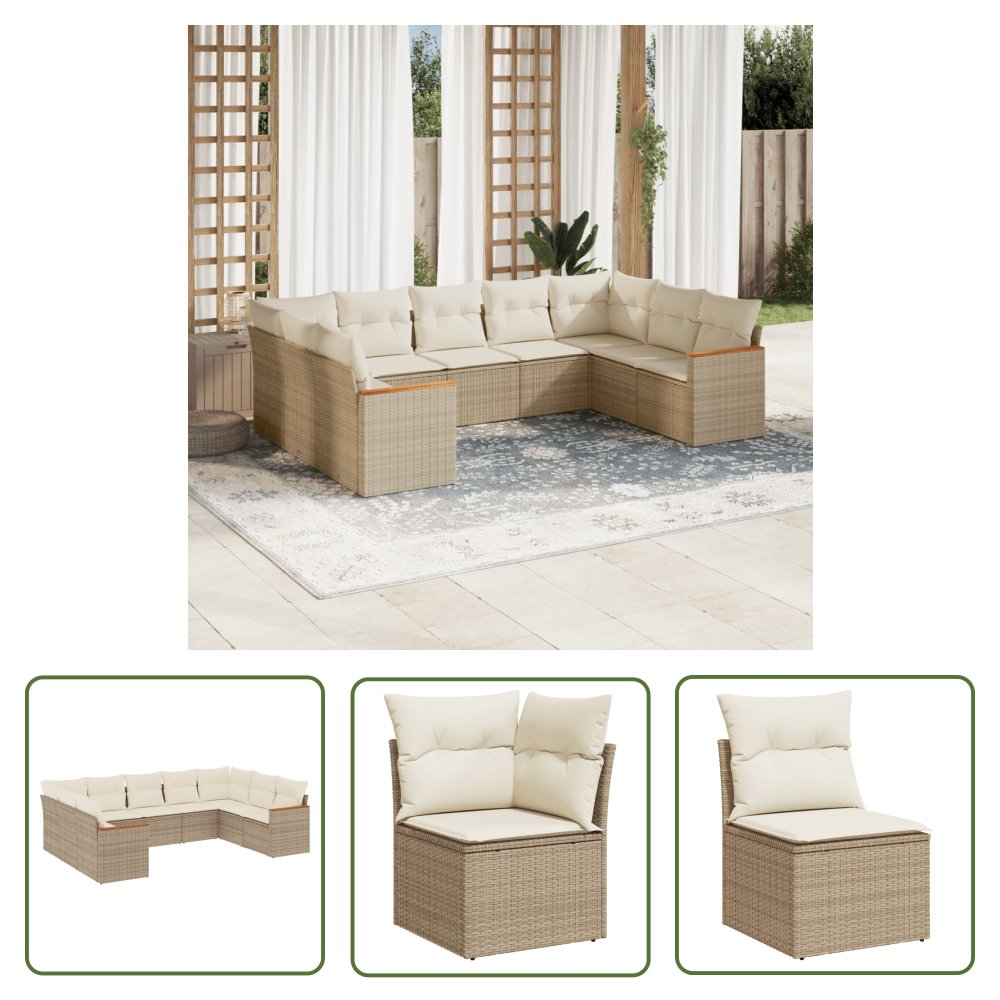The Living Store 9-cz. zestaw mebli ogrodowych z poduszkami - beżowy - polirattan - Sofa Ogrodowa
