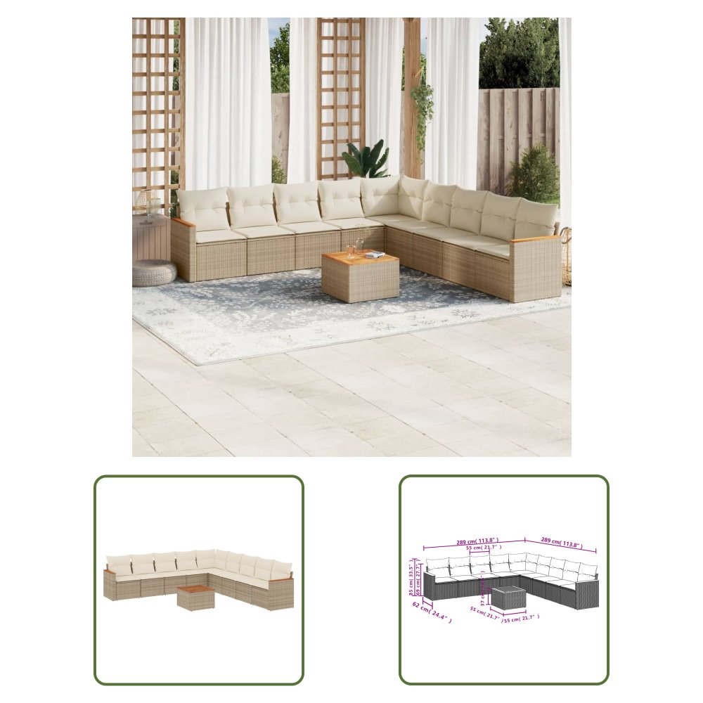 The Living Store 10-cz. zestaw mebli ogrodowych z poduszkami - beżowy - polirattan - Sofa Ogrodowa