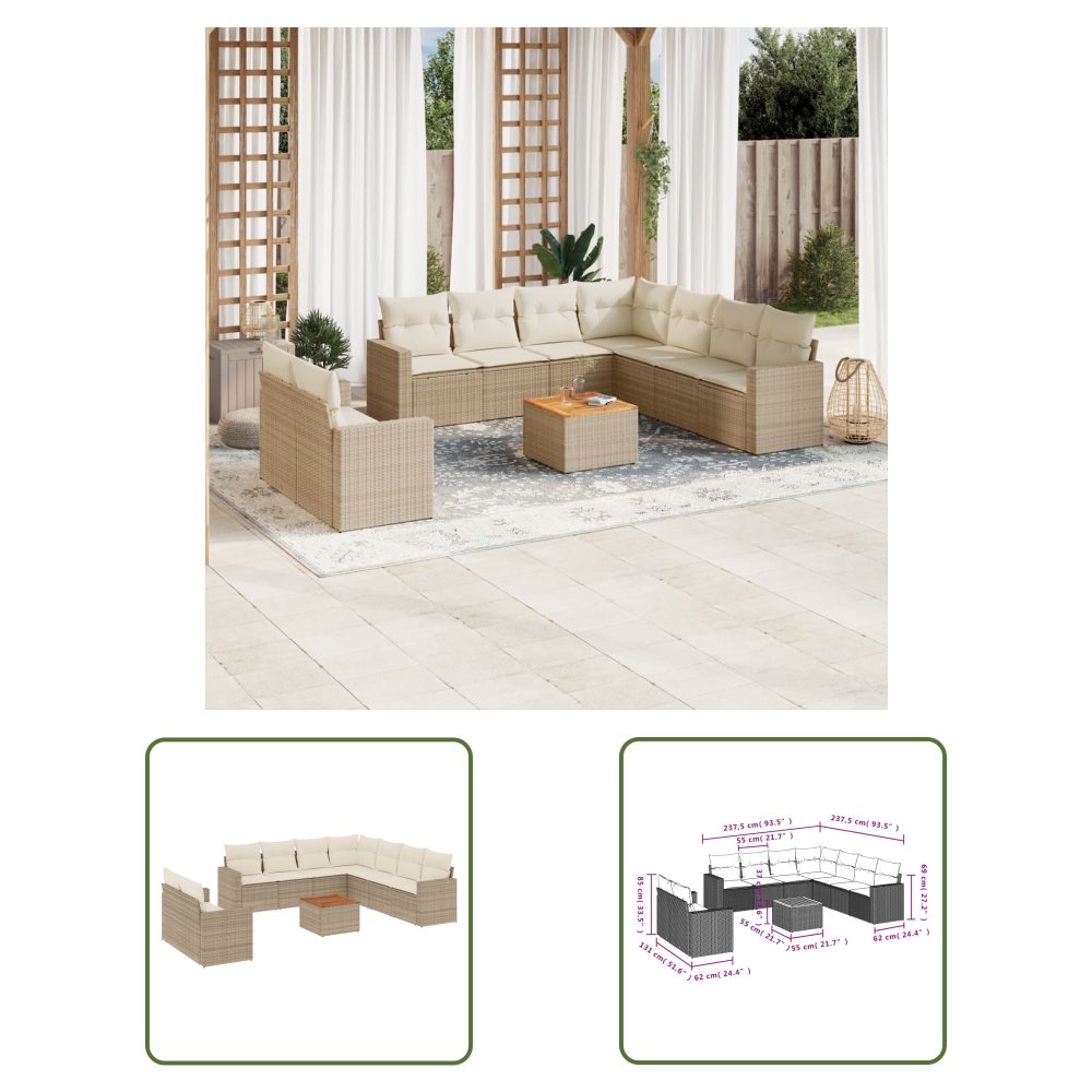 The Living Store 10-cz. zestaw mebli ogrodowych z poduszkami - beżowy - polirattan - Sofa Ogrodowa