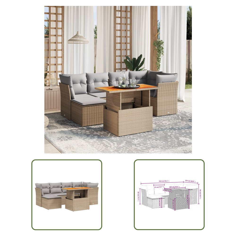 The Living Store 7-cz. zestaw wypoczynkowy do ogrodu - z poduszkami - beżowy - Sofa Ogrodowa