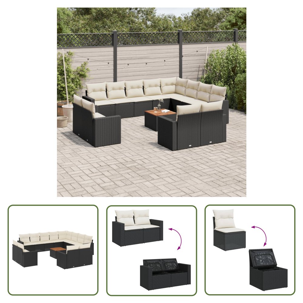 The Living Store 13-cz. zestaw mebli do ogrodu - poduszki - czarny - rattan PE - Sofa Ogrodowa