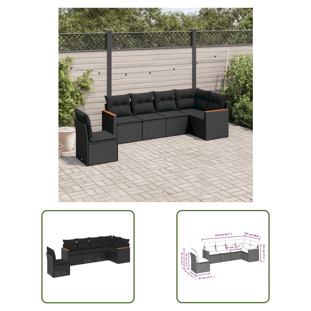 The Living Store 6-cz. zestaw mebli ogrodowych z poduszkami - czarny polirattan - Sofa Ogrodowa