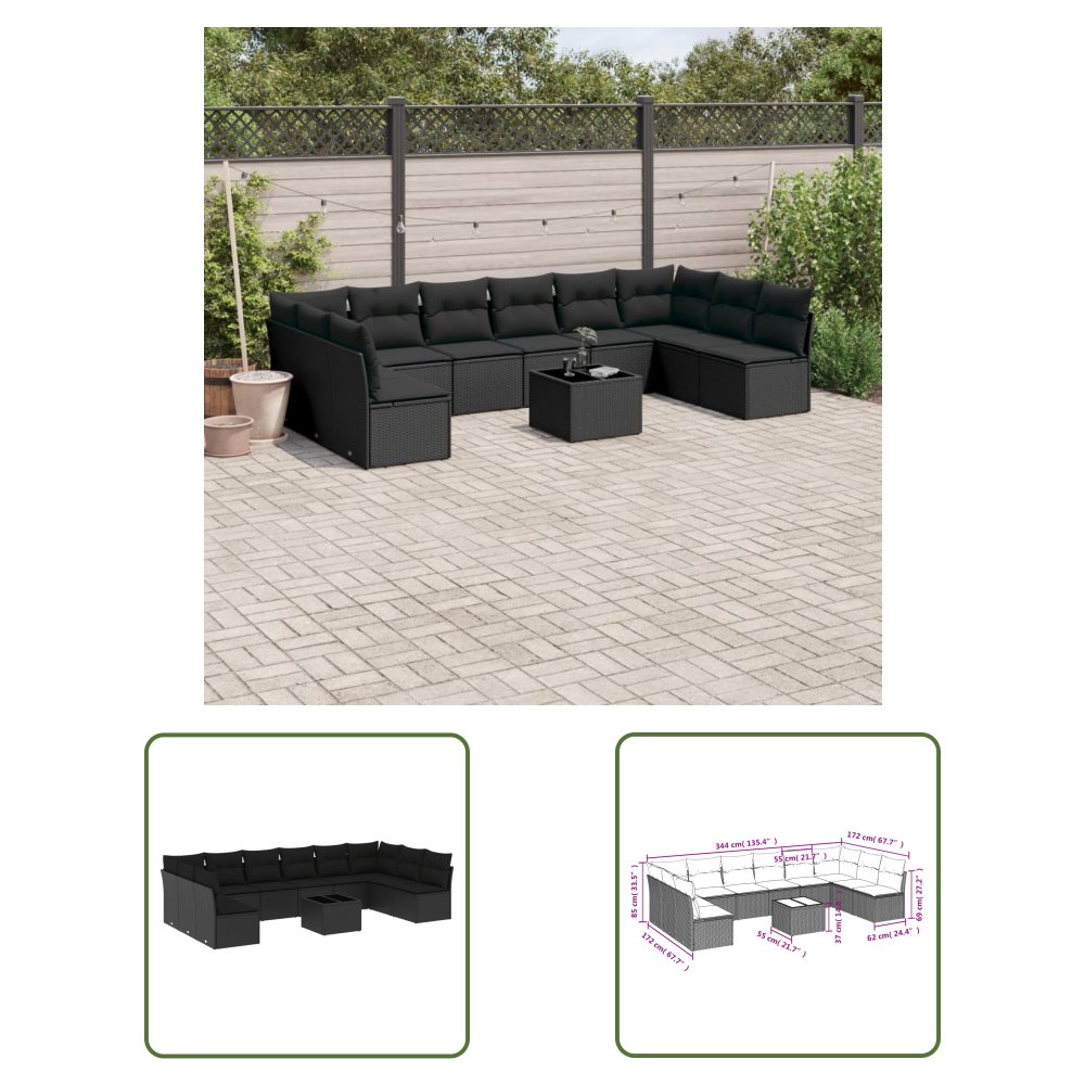 The Living Store 11-cz. zestaw wypoczynkowy do ogrodu - poduszki czarny rattan PE - Sofa Ogrodowa
