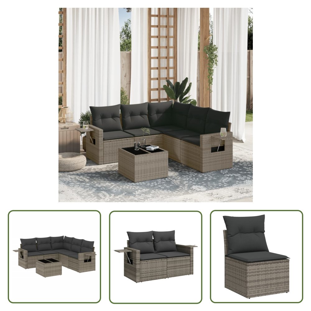 The Living Store 6-cz. zestaw mebli ogrodowych z poduszkami - szary - polirattan - Sofa Ogrodowa