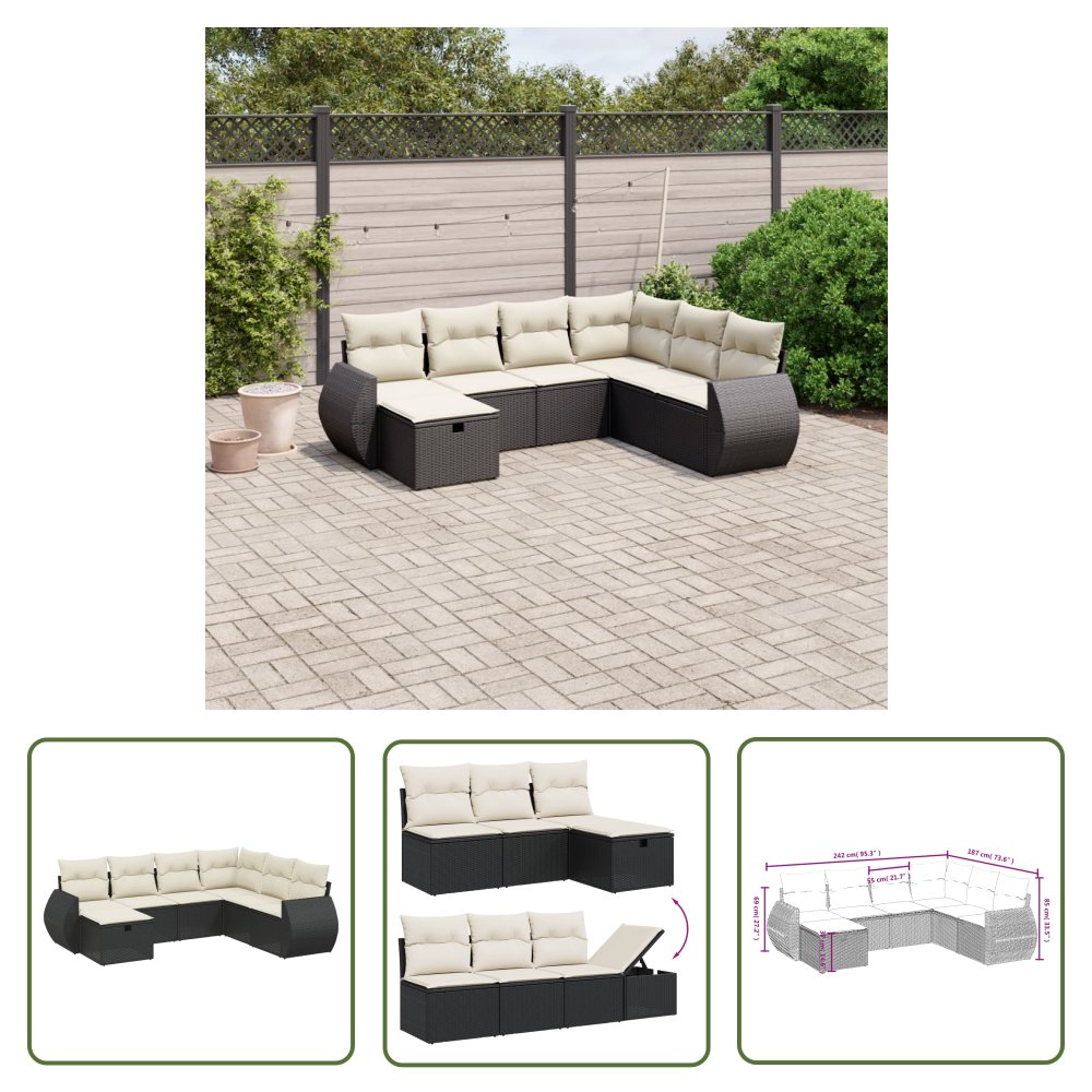 The Living Store 7-cz. zestaw wypoczynkowy do ogrodu - z poduszkami - czarny - Sofa Ogrodowa