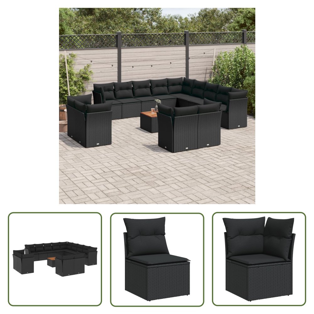 The Living Store 14-cz. zestaw wypoczynkowy do ogrodu - poduszki czarny rattan PE - Sofa Ogrodowa