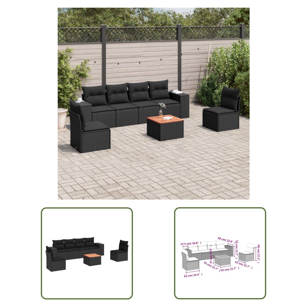 The Living Store 7-cz. zestaw wypoczynkowy do ogrodu - z poduszkami - czarny - Sofa Ogrodowa