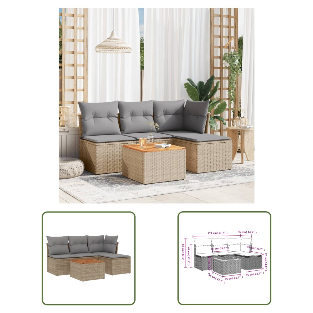 The Living Store 5-cz. zestaw mebli ogrodowych z poduszkami - beżowy - polirattan - Sofa Ogrodowa