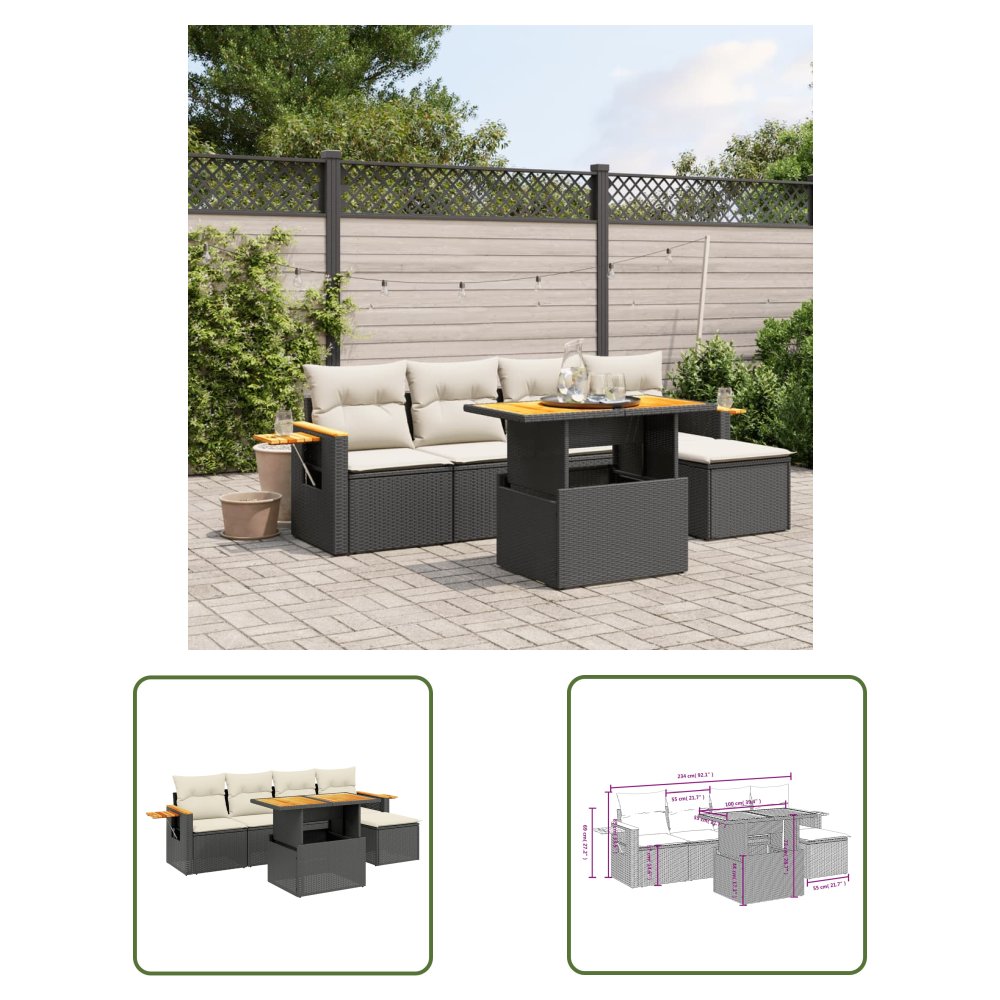 The Living Store 6-cz. zestaw mebli ogrodowych z poduszkami - czarny polirattan - Sofa Ogrodowa