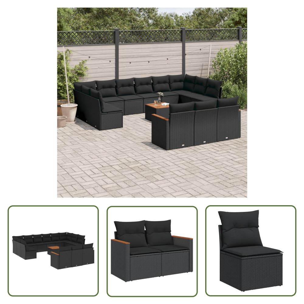 The Living Store 14-cz. zestaw wypoczynkowy do ogrodu - poduszki czarny rattan PE - Sofa Ogrodowa