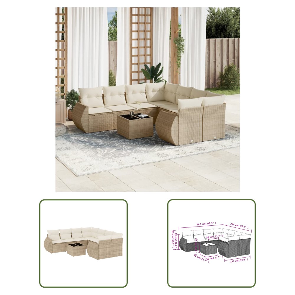 The Living Store 9-cz. zestaw mebli ogrodowych z poduszkami - beżowy - polirattan - Sofa Ogrodowa