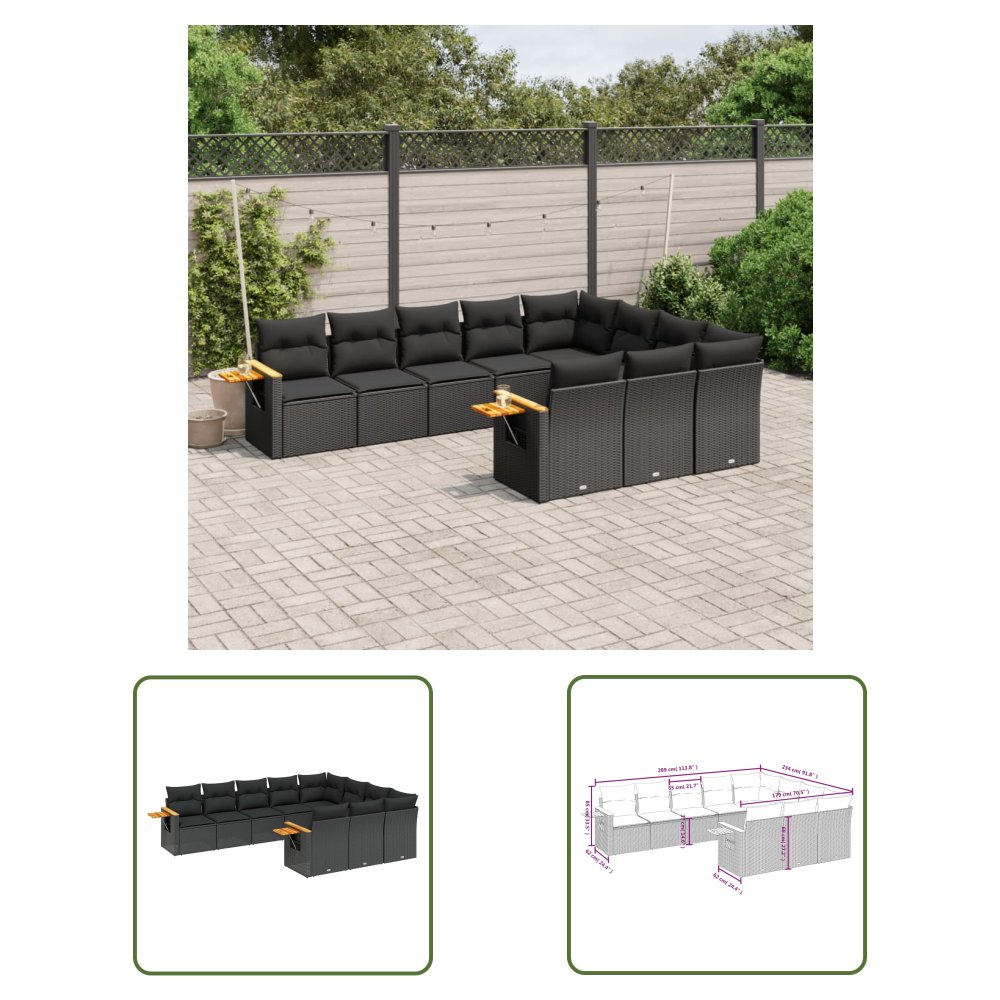 The Living Store 10-cz. zestaw wypoczynkowy do ogrodu - poduszki czarny rattan PE - Sofa Ogrodowa