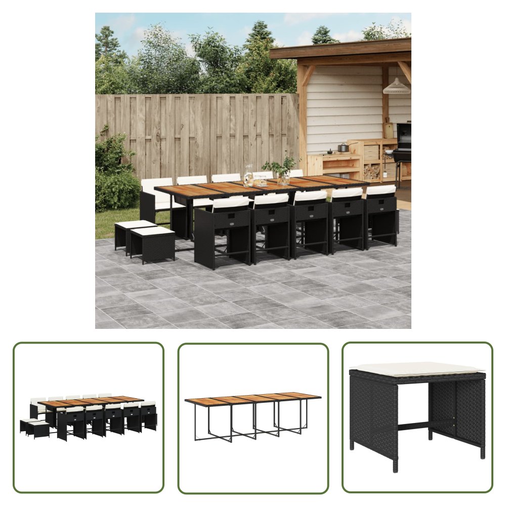 The Living Store 15-cz. zestaw mebli ogrodowych z poduszkami - czarny - rattan PE - Meble Ogrodowe