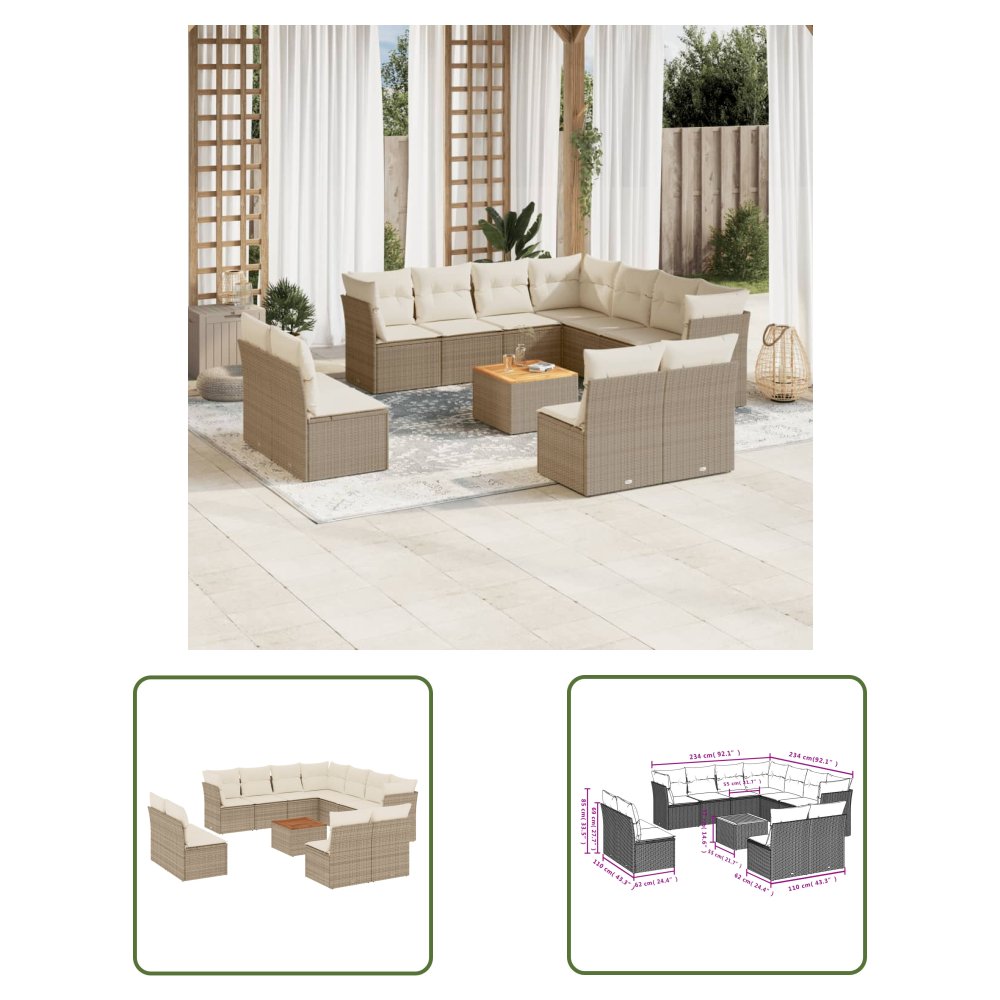 The Living Store 12-cz. zestaw mebli ogrodowych z poduszkami - beżowy - polirattan - Sofa Ogrodowa