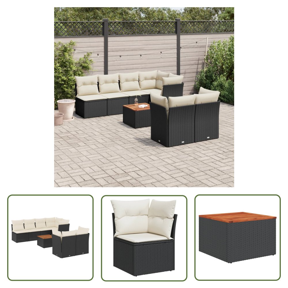 The Living Store 8-cz. zestaw wypoczynkowy do ogrodu - z poduszkami - czarny - Sofa Ogrodowa