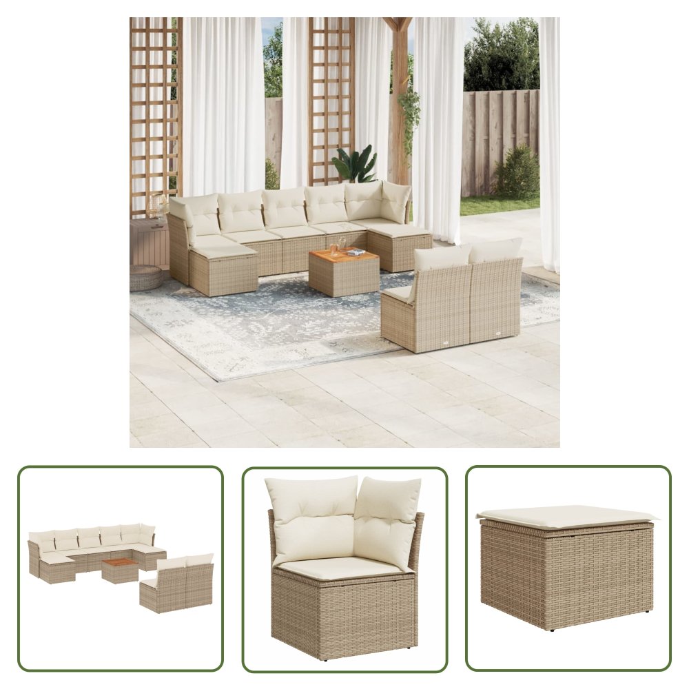 The Living Store 10-cz. zestaw mebli ogrodowych z poduszkami - beżowy - polirattan - Sofa Ogrodowa