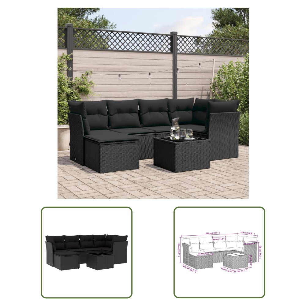 The Living Store 7-cz. zestaw wypoczynkowy do ogrodu - z poduszkami - czarny - Sofa Ogrodowa