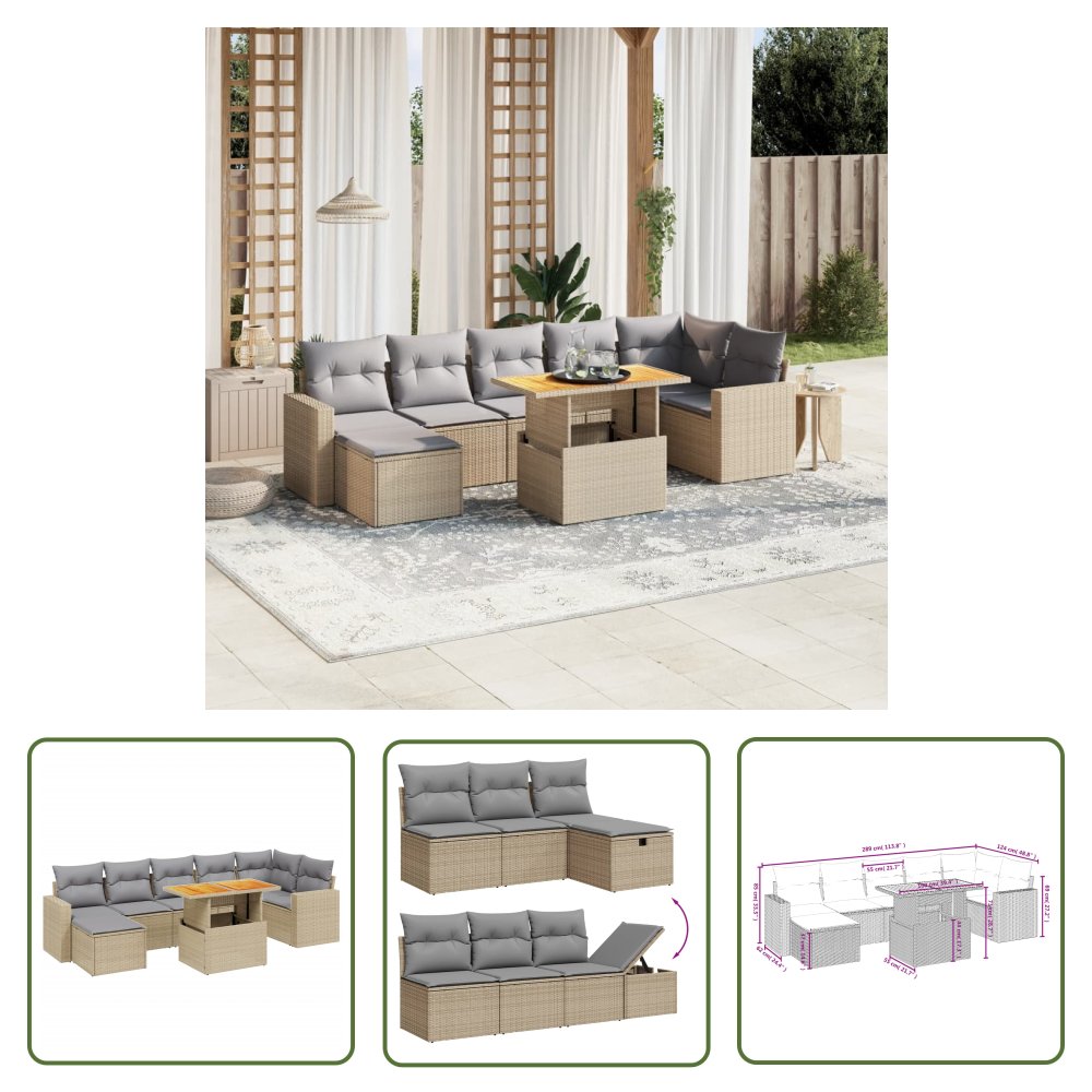 The Living Store 8-cz. zestaw mebli ogrodowych z poduszkami - beżowy - polirattan - Sofa Ogrodowa