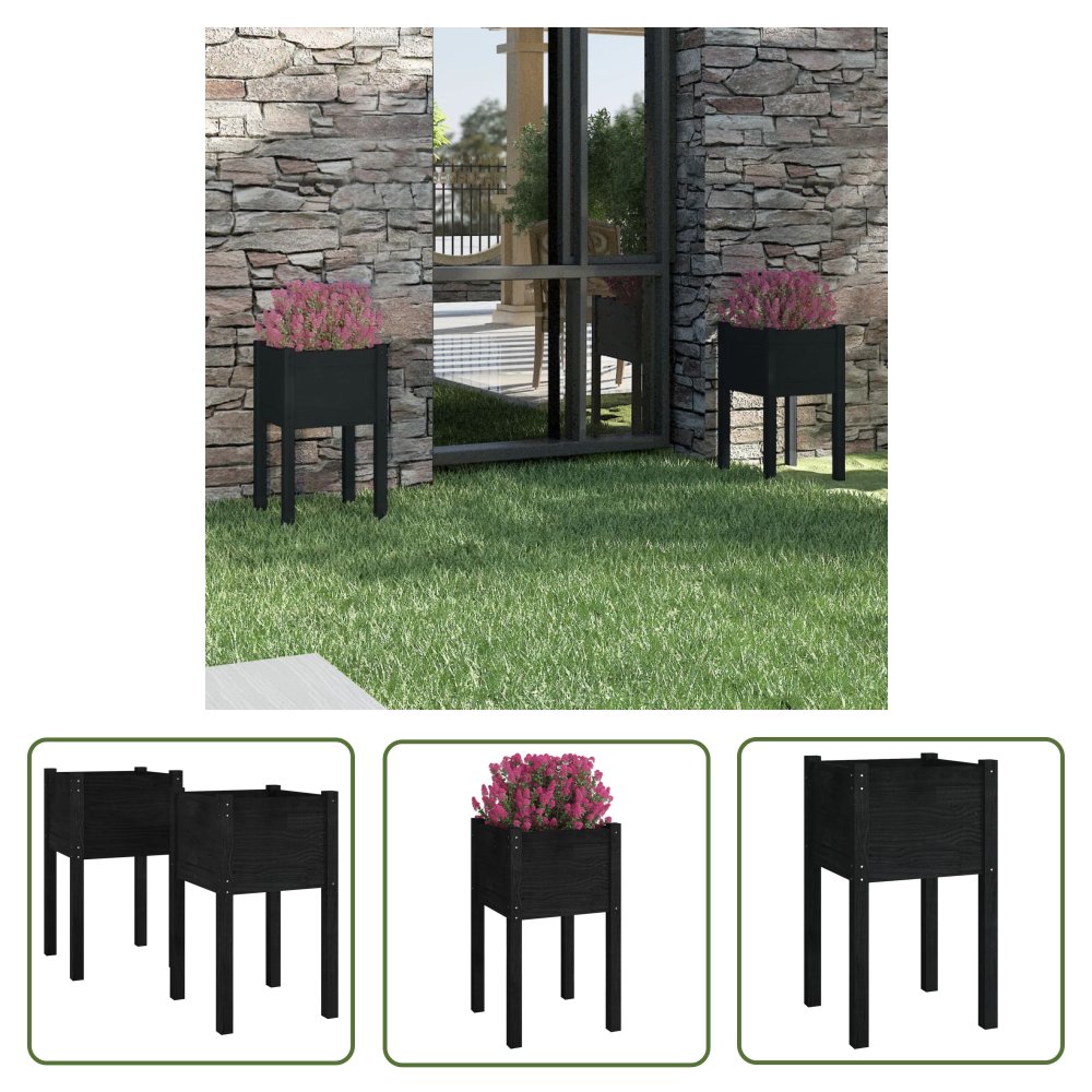 The Living Store Donice ogrodowe - 2 szt. - czarne - 40x40x70 cm - drewno sosnowe - Podwyższona Donica