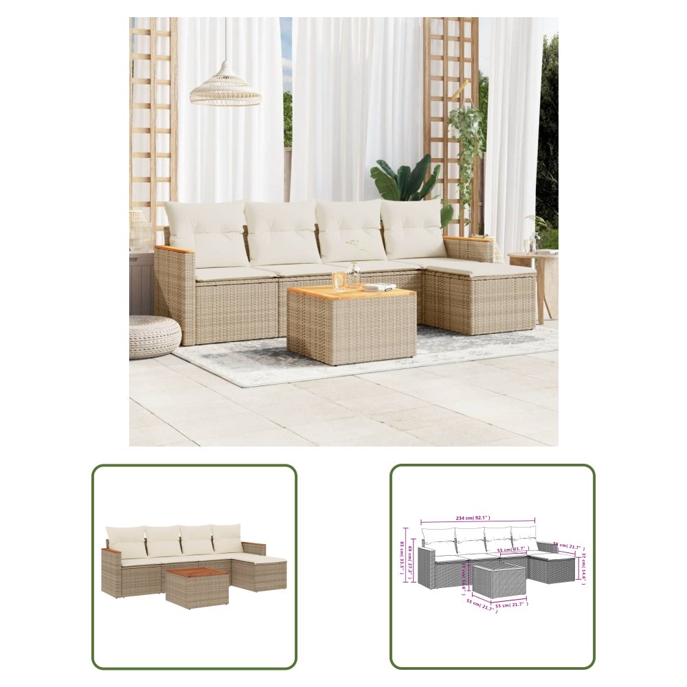 The Living Store 6-cz. zestaw mebli ogrodowych z poduszkami - beżowy - polirattan - Sofa Ogrodowa