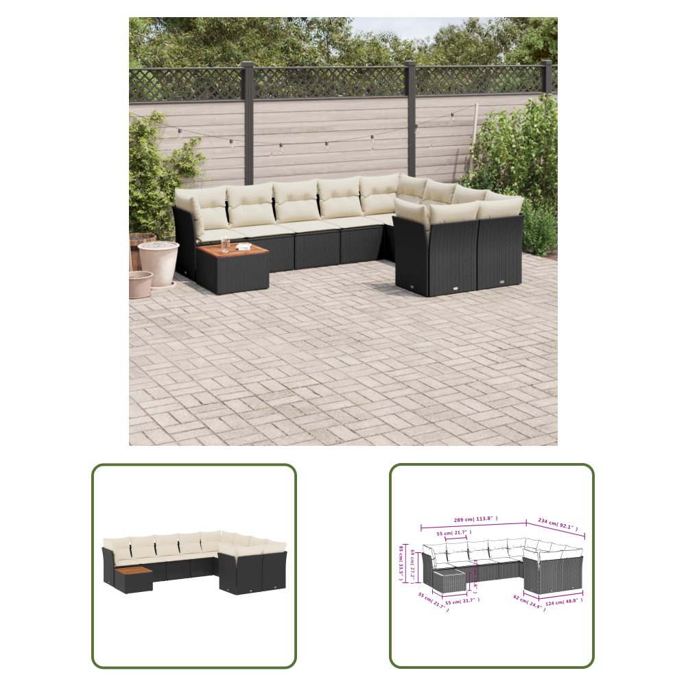 The Living Store 10-cz. zestaw wypoczynkowy do ogrodu - poduszki czarny rattan PE - Sofa Ogrodowa