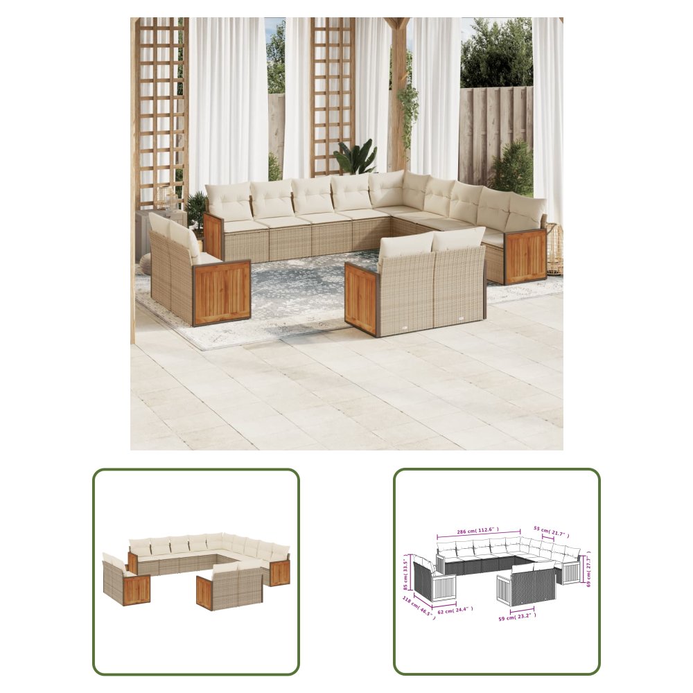 The Living Store 13-cz. zestaw mebli ogrodowych z poduszkami - beżowy - polirattan - Sofa Ogrodowa