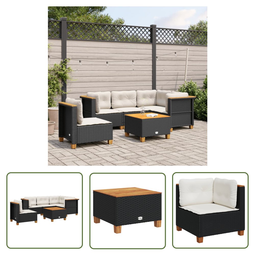 The Living Store 6-cz. zestaw mebli ogrodowych z poduszkami - czarny polirattan - Sofa Ogrodowa