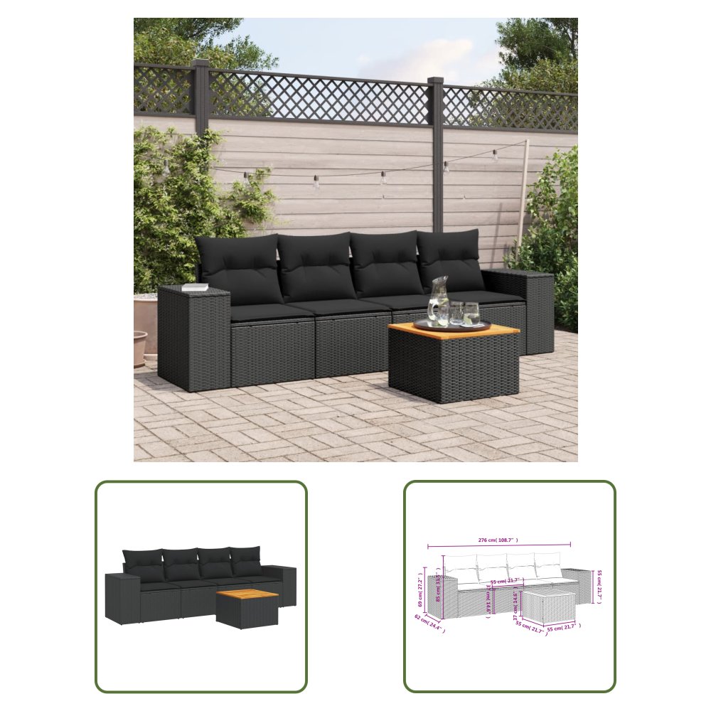 The Living Store 5-cz. zestaw wypoczynkowy do ogrodu - poduszki - czarny rattan PE - Sofa Ogrodowa
