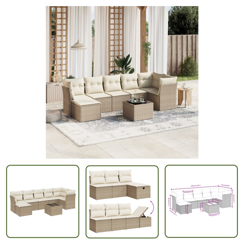 The Living Store 8-cz. zestaw mebli ogrodowych z poduszkami - beżowy - polirattan - Sofa Ogrodowa