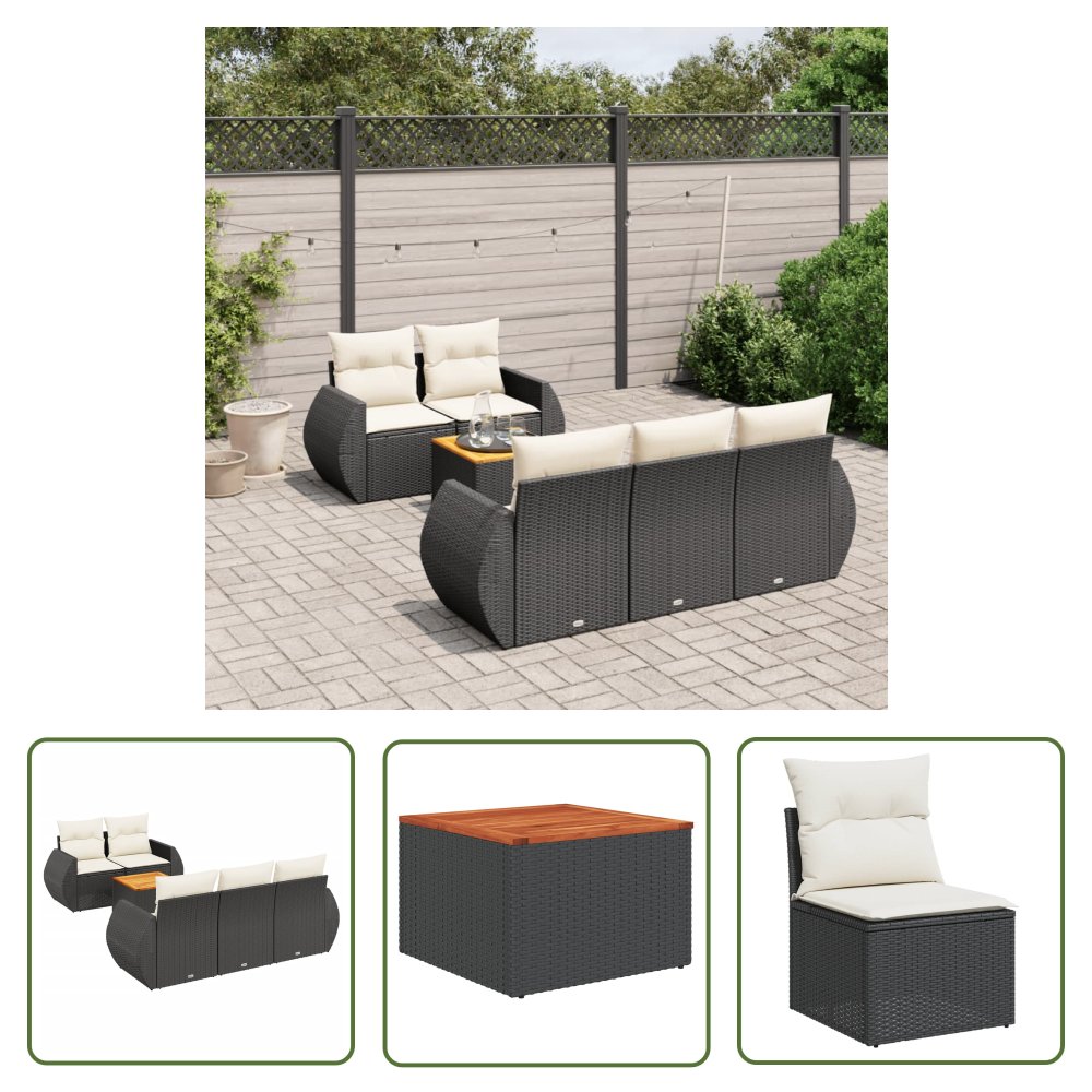 The Living Store 6-cz. zestaw mebli ogrodowych z poduszkami - czarny polirattan - Sofa Ogrodowa